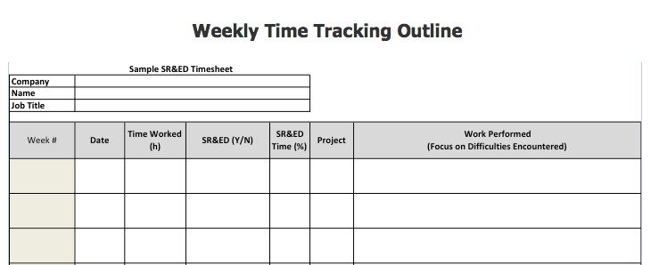 A sample time tracking sheet for correctly allocating SR&ED work. (Courtesy of The Comprehensive Guide to SR&ED)