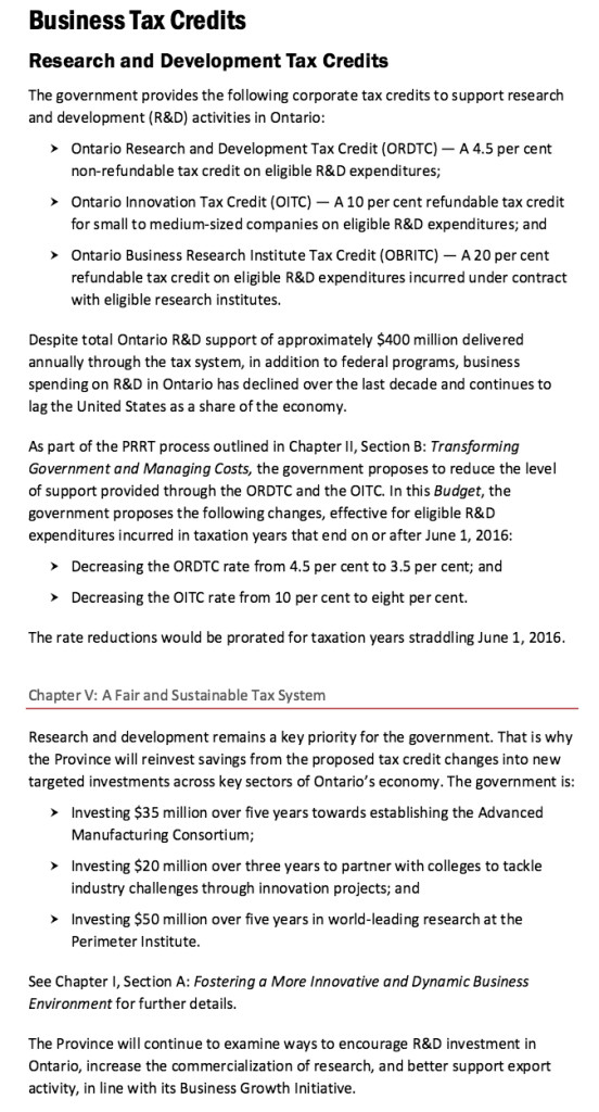 Ontario 2016 Budget R&D tax credits